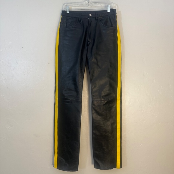 Daddy's Closet Leather Pants Yellow Stripe 30" waist Small 33" inseam unhemmed - Picture 2 of 7